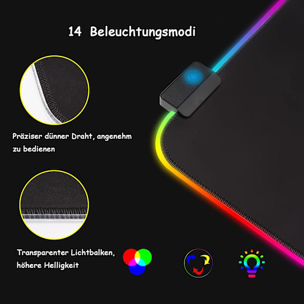 Gaming musmatta RGB musmatta 800x300mm XXL Gaming musmatta Stor med 14 belysningslägen 7 LED-färger Vattentät halkfri för dator PC