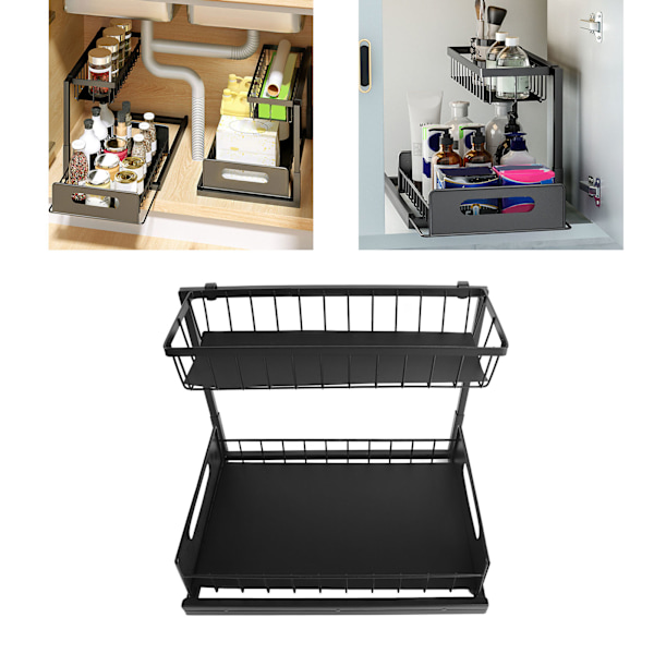 Under Sink Organizer L-forma 2-nivåers utdragbar diskbänkhylla för under kök badrum diskbänk arrangörer och förvaring svart