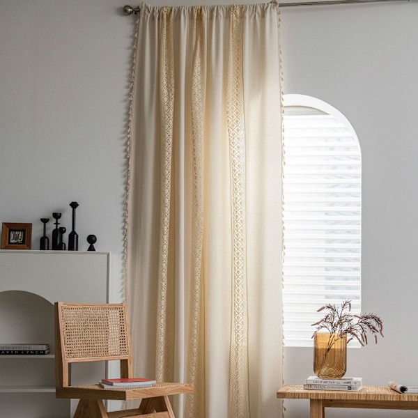 Bistro Gardin, Boho Kort Gardin, Beige med Tofsar, Panelgardiner, Köksgardiner, Opaque Bomull Linnegardiner, Vintage Lanthus,