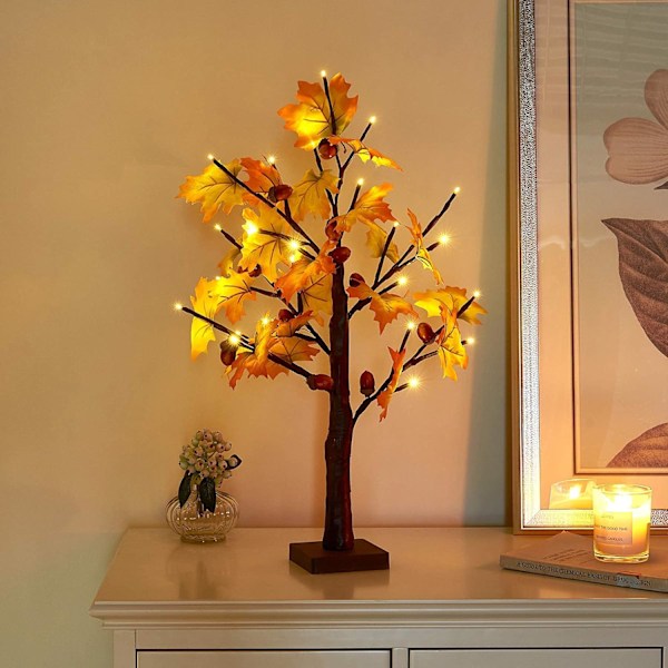 2FT Förbelyst Ljussatt Lönnträd med 24 LED Varmvita Bordslampor Thanksgiving Lönnlöv Höstträd Dekoration