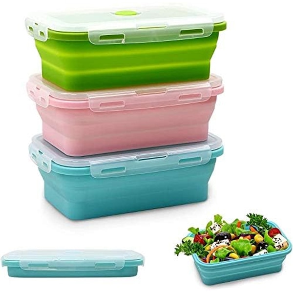 Silikon Lunchlåda Set om 3 1200ml Hopvikbar Stativ Hopvikbar Silikon Matförvaring Behållare Flerfärgad Silikon Mat