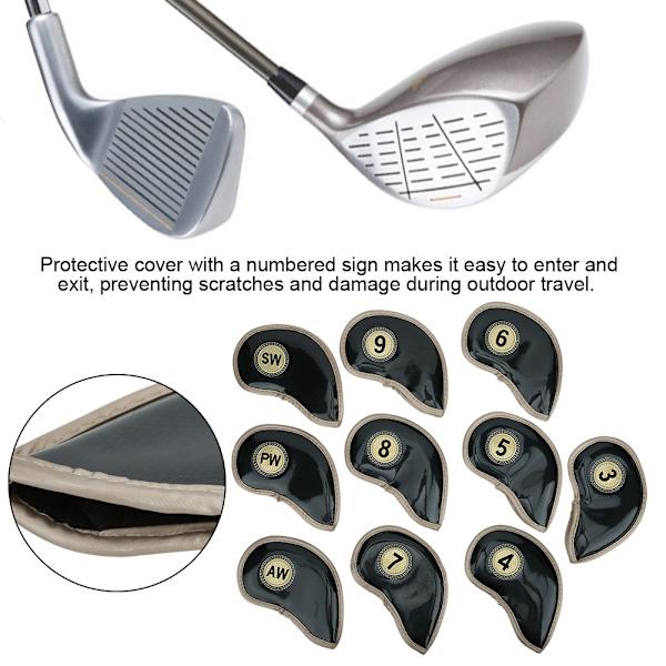 10 st/set högkvalitativa PU-golfjärnshuvudskydd, huvudskydd, klubbskydd, skyddande fodral, svart