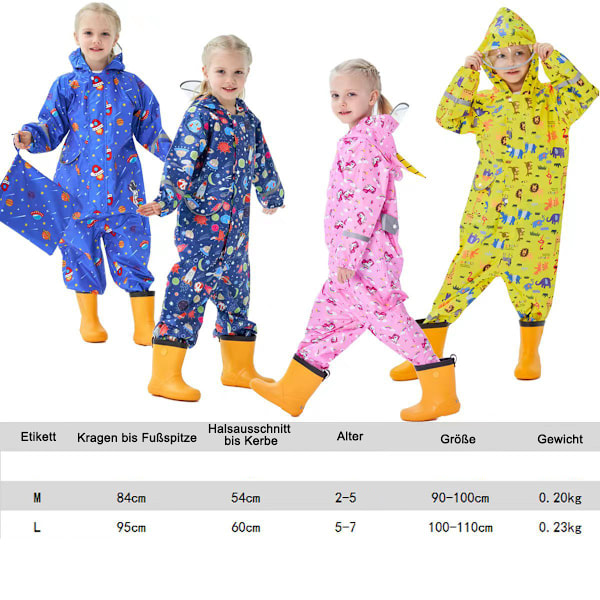 Regnrock Vattentät Andningsbar Barn Flickor Pojkar Med Huva Lätt Regnkläder En-Delad Utomhus Regn Poncho Overall Regnjacka 90-110cm