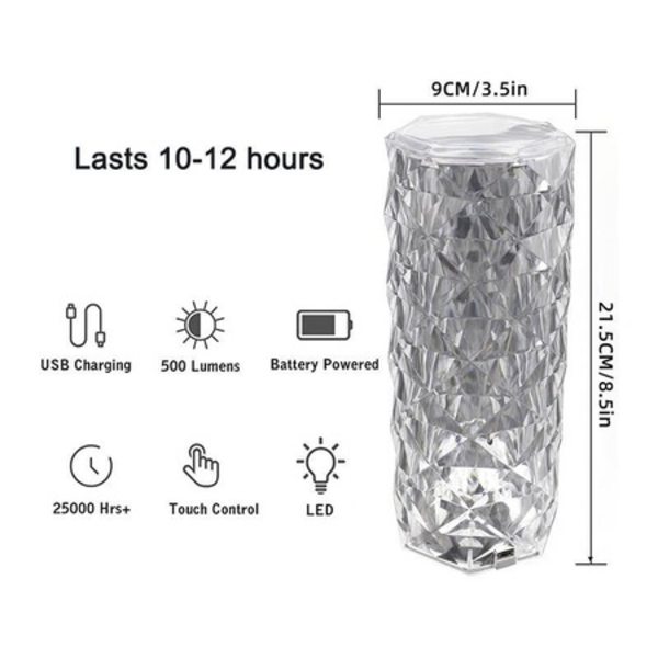 Kristall LED-bordslampa, Crystal Diamond AhaPrint, RGB 16 färger, touch-kontroll, 1500mah batteri - 12 timmars användning, USB-C-laddning