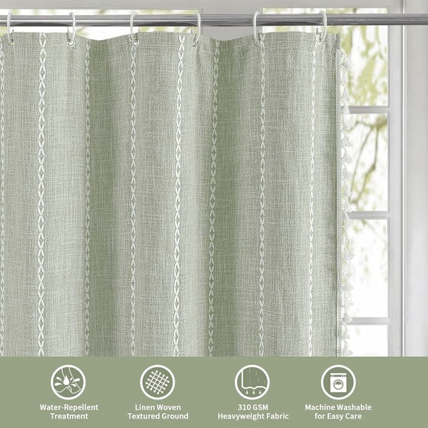 Sage Green Boho Duschdraperi i Lantlig Stil med Rostbeständiga Öljetter, Skrynkelfritt för Elegant Badrumsinredning (36 x 72)