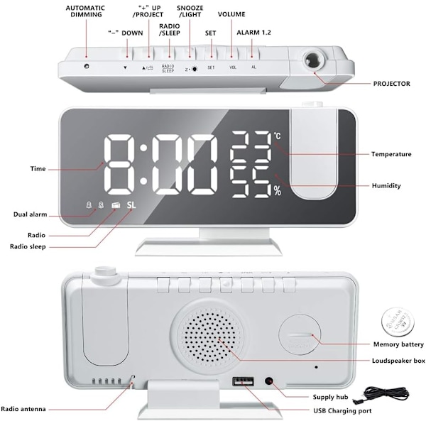 Projektionsväckarklocka, LED-väckarklocka digital med projektion 180° Radioväckarklocka Projektionsklocka Spegel Dubbel väckarklocka med Snooze Auto