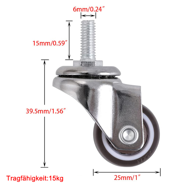 Set med 4 transporthjul, svängbara hjul, 25 mm möbelhjul