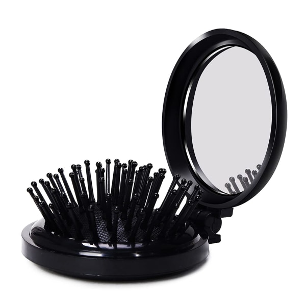 Minivikbar hårborste med spegel, kompakt pop-up, svart