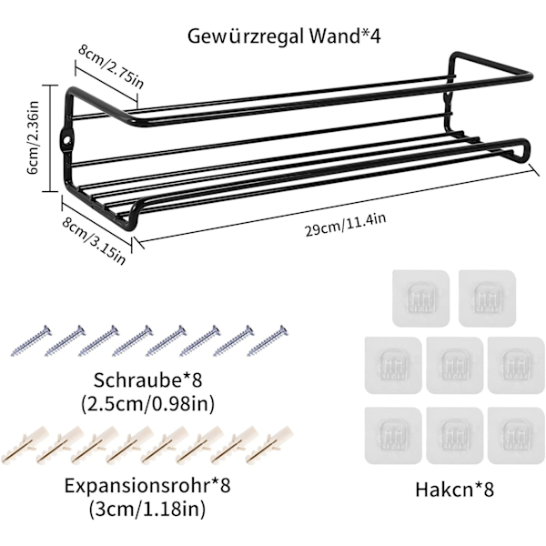 Metallväggmonterad kryddhylla, 4 st väggmonterad kökskryddhylla - Ungefär 29×8×6cm, väggmonterad kökskryddhylla set - Svart väggmonterad