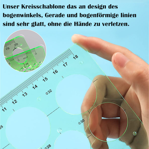 Cirkelschablon för ritning, 2 st linjaler med cirkelschabloner, quillingverktyg, transparenta gröna mätschabloner för kontor och skola