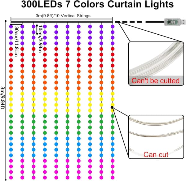 3x3m LED-gardinlys, lyslenke med 300 LED-lys, 8 lysmoduser