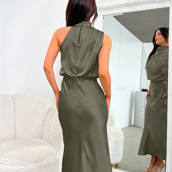 Elegant ärmlös halterneck satin sommar bröllop kvällsklänning för kvinnor (M)