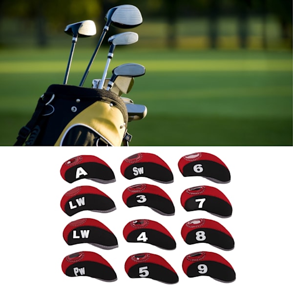 12-delad set med golfjärnshuvudskydd, set med klubbhöljen med siffror, röd, passar de flesta klubbor