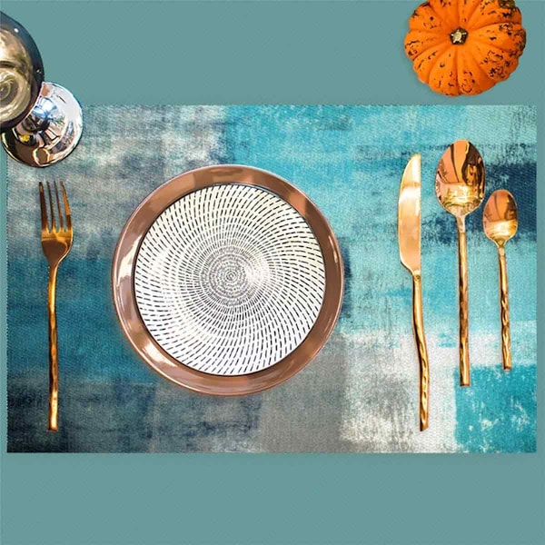Bordsunderlägg Turkos och Grå Modern Abstrakt Tvättbar Värmebeständig Plast PVC Bordsmatta Halkfri Torkbar Vävd Vinyl Placemats för Utomhusbruk