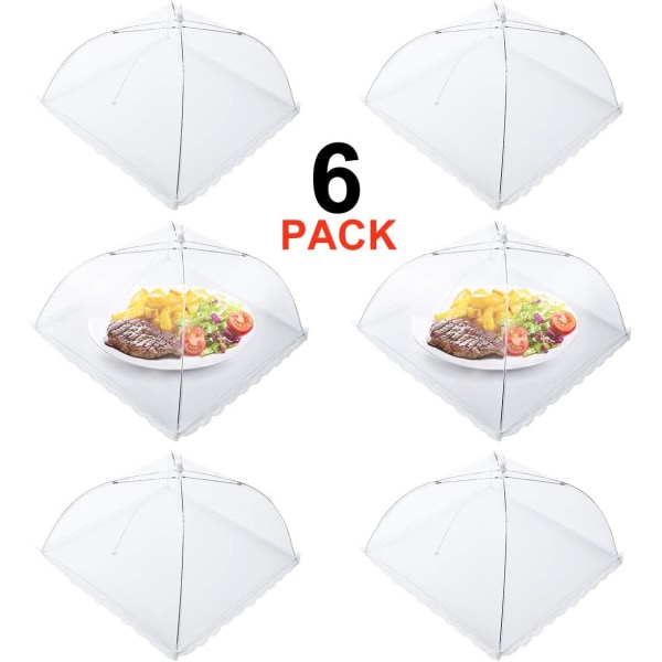 Flughatt, Set med 6 matskydd, hopfällbart tårtlock flugskydd matskydd, perfekt flugskydd för mat, frukt, picknick, grill, 45x45cm, vit