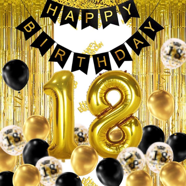 18-års födelsedagsfest ballonger set svart och guld glittrande lätt att installera grattis på födelsedagen banderoll för pojkar och flickor