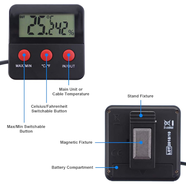 Reptiler Digital Termometer LCD Hygrometer Temperatur och Fuktighetsmätare för Terrarium Husdjur Inkubator, Tank