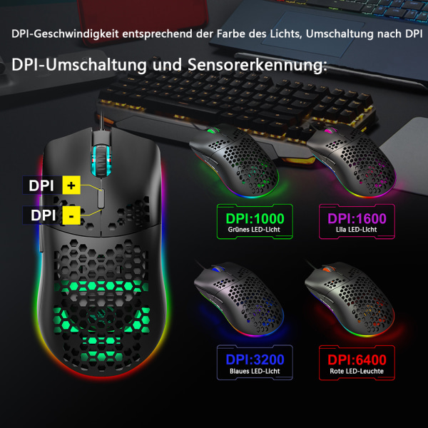 Spelmus med 6400 DPI optisk sensor, spelmus 6 programmerbara knappar, ergonomisk PC-mus - Vit