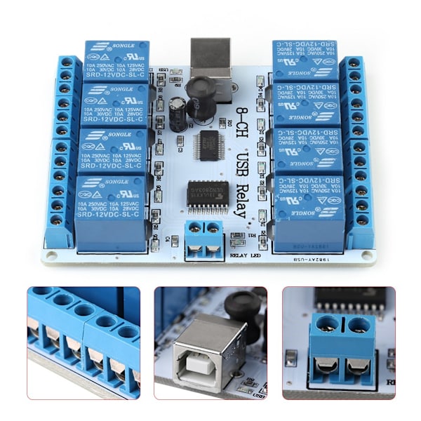 8-kanals 12VDC Typ B USB-reläkortmodulstyrenhet för automation och robotik