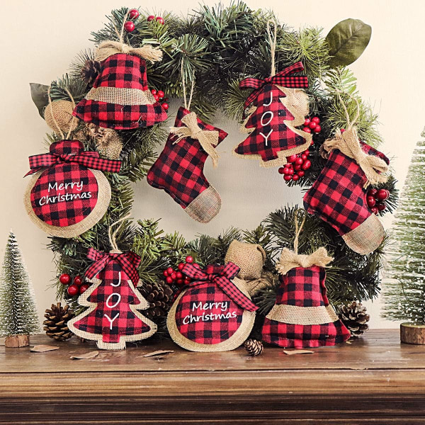 Julgransdekorationer Träornament, 8 st Röd Svart Buffalo Check Plaid Sömnad Jutesäck Hängande Ornament, Hängande Dekor