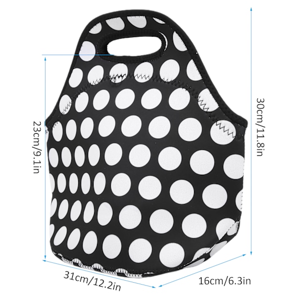 Isolerad Termisk Lunchväska Vattentät Neopren Lunchlåda Handväska för Picknick CampingSvart Vita Prickar