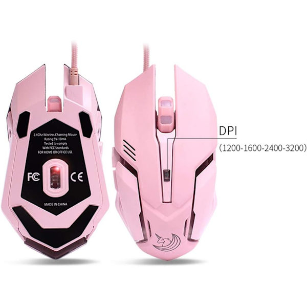 Rosa spelmus med tyst klick, LED-bakgrundsbelyst optisk spelmus ergonomisk USB-kabelmus kompatibel med bärbar dator PC, 7 knappar, 4 justerbar DPI