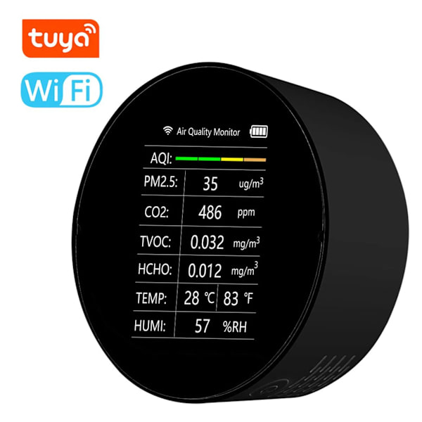 Tuya WiFi 7 i 1 CO2-mätare Luftkvalitetsdetektor PM2.5 TVOC HCHO Temperatur Fuktighet AQI-detektor Hemma Kontor Bil Inomhus Luftkvalitetsmonitor -