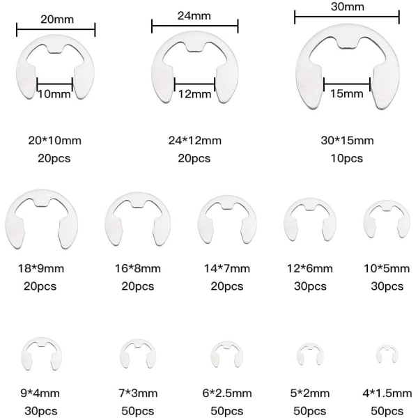 400 stycken extern snäppringssats i rostfritt stål intern circlipsring 13 storlekar M1.5 - M15 sortiment E-circlipsringssats med förvaringslåda