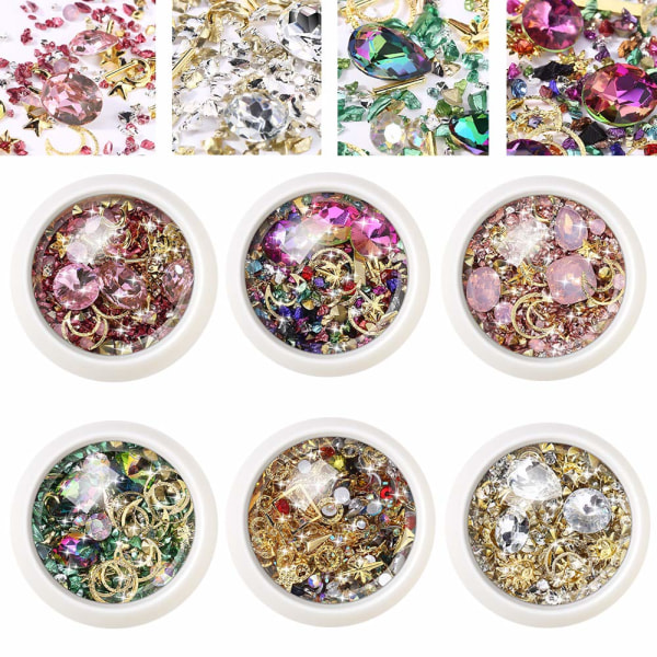 6 lådor Blandad Nail Art Strass Diamanter Kristaller Pärlor Ädelstenar för 3D Nails Art Dekoration Nail Art Supplies