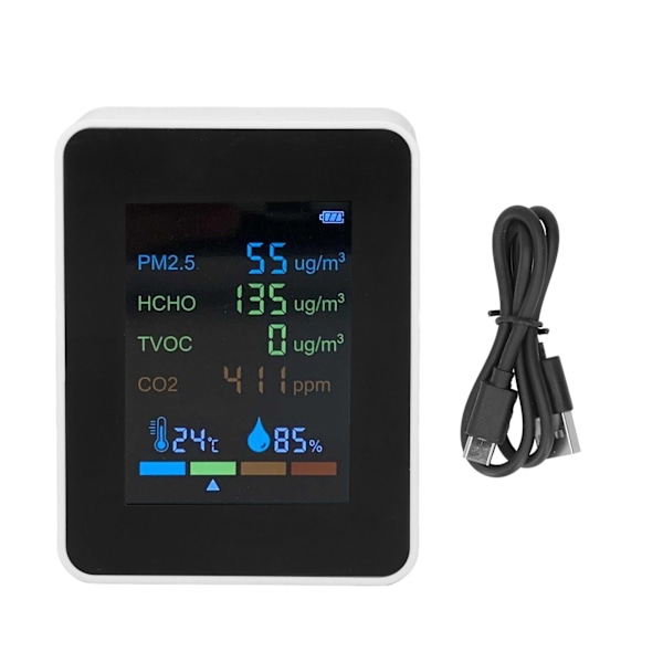 Multifunktionell 6 i 1 CO2-mätare Luftkvalitetsmonitor Temperatur PM2.5 TVOC HCHO-detektor USB-laddning Vit