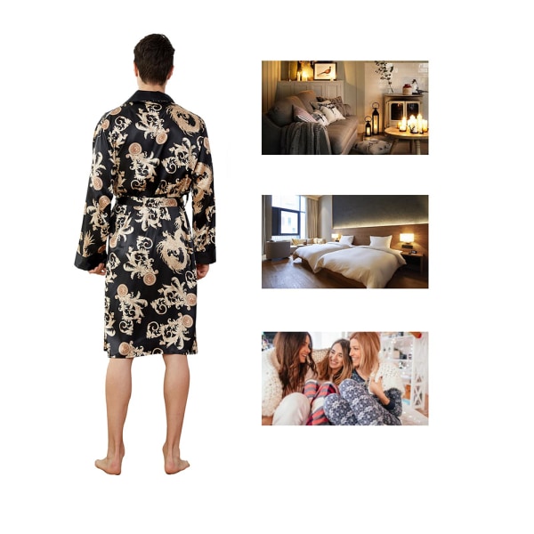 Herr Kimono Badrock Silkesatin Lång Nattklädnad Robe Cardigan Japanska Pyjamas Nattkläder V-hals med Fickor och Bälte