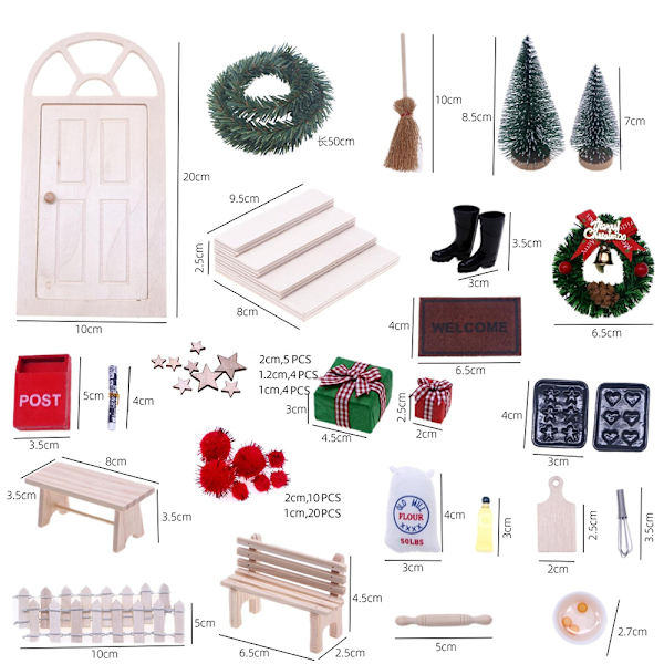 Miniatyr juldekoration Jultomte komplett set tillbehör dörr för dockhusmöbler med kökstillbehör present rotting röda bär