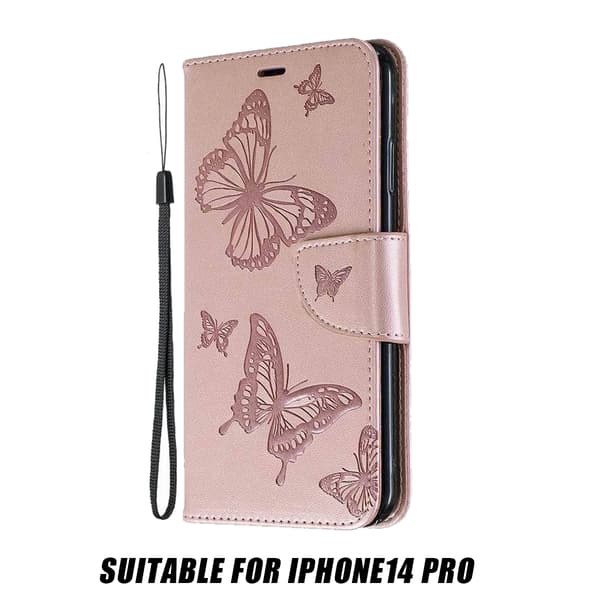 iPhone 14 Pro Plånboksfodral Fjärilar Tryck - Roséguld