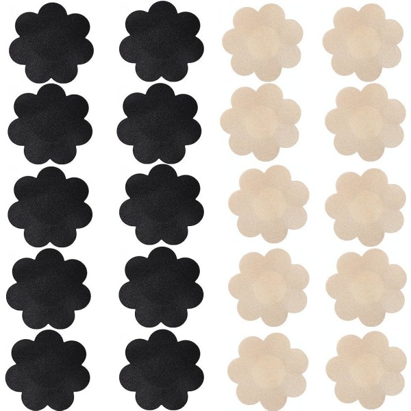 Cover utan bröstvårtor, 20 par självhäftande engångsbehå-bh-kronbladspaddekor (beige 10 par + svart 10 par)