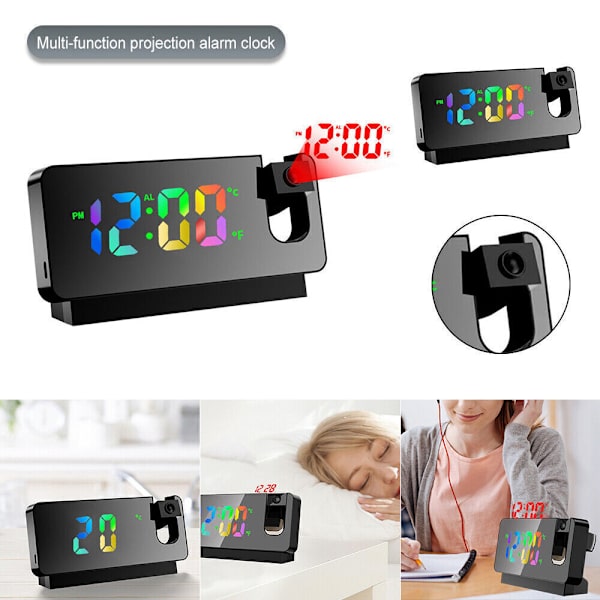 LED-väckarklocka med projektion digital väckarklocka temperatur dimbar bordsur väckarklocka USB
