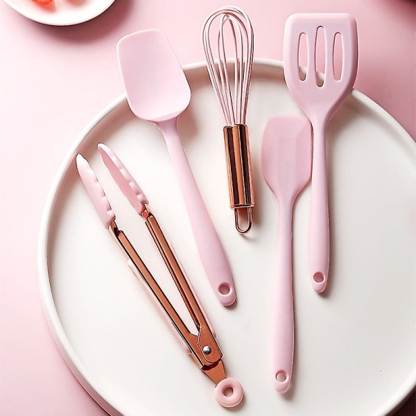 Barn Silikon Köksredskap Matlagningsredskap Set Mini Kök Non-Stick Köksredskap Spatel Durkslag Bakverktyg Matlagning Deg Skrapa Färg Rosa