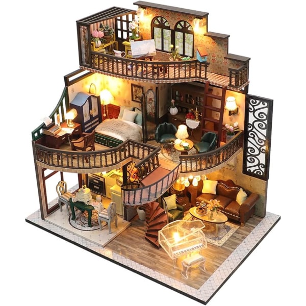 Dockhus miniatyr med möbler, idé DIY trä dockhus Kit LED
