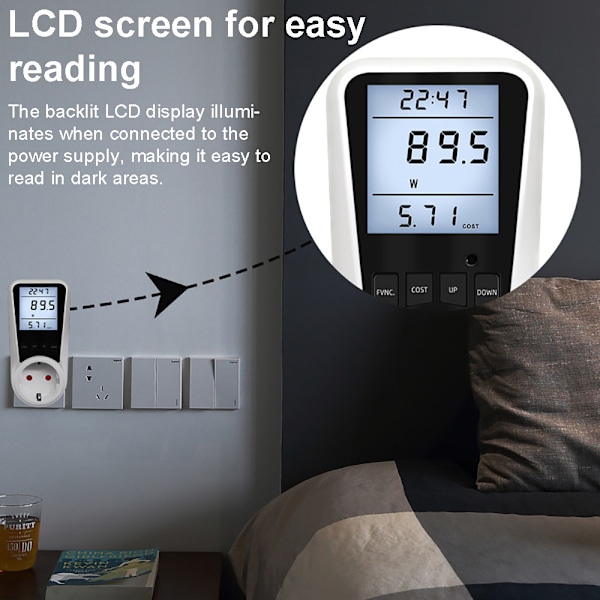 Elmätare för hemmakontor, strömförbrukningsmätare med bakgrundsbelyst LCD-skärm, energisparande enhet för bred användning, realtidsövervakning