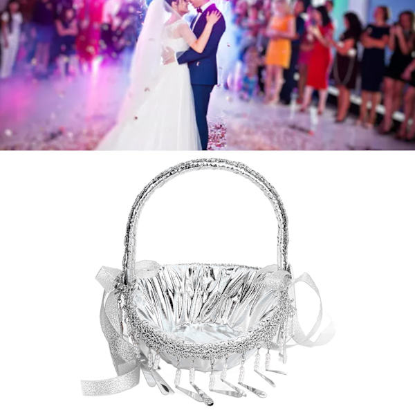 Bröllopsblomkorg Silver Hand Blomkorg Romantisk Rhinestone Blomkorg med Spets M