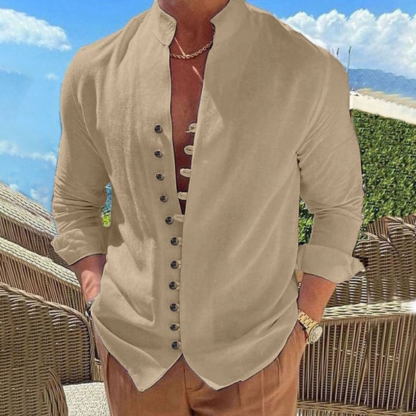 Linneskjorta herr långärmad bomull linne ståkrage skjorta med knappslå herr lätt sommarskjorta casual skjorta Henley skjorta