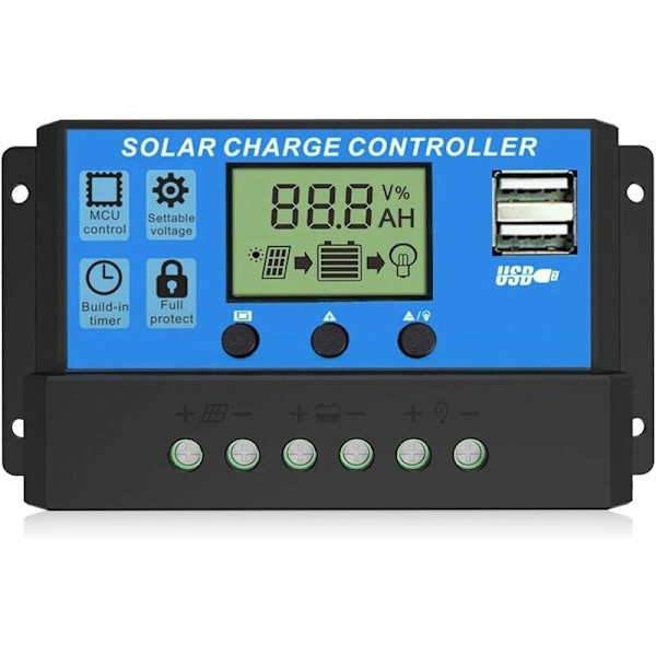 Solcellsladdningsregulator, Dubbla USB-portar Intelligent Solpanel Batteriregulator, Multifunktions Justerbar LCD-display Gatubelysningsregulator,