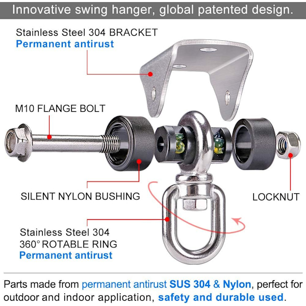 Kraftig takkrok med, SUS304 rostfritt stål, ljudlös, 360° rotation, 4 fästskruvar för betongträset, yoga, hängmatta, hängstol,
