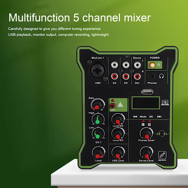 5-kanals linjemixer Mini-ljudmixer med Bluetooth USB-efterklangseffekt för mobiltelefoner surfplattor datorer