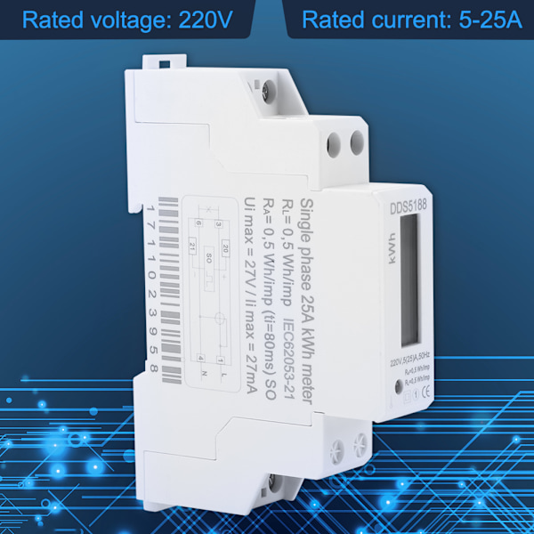 220V DDS5188 LCD Digital Din-skena Elmätare 5-25A för Kilowattimmar Kwh-mätare