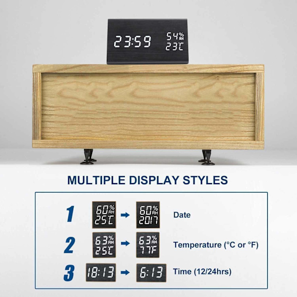 Digital väckarklocka, justerbar ljusstyrka röststyrning skrivbordsträväckarklocka, stor displaytid temperatur, uppladdningsbart batteri LED digital