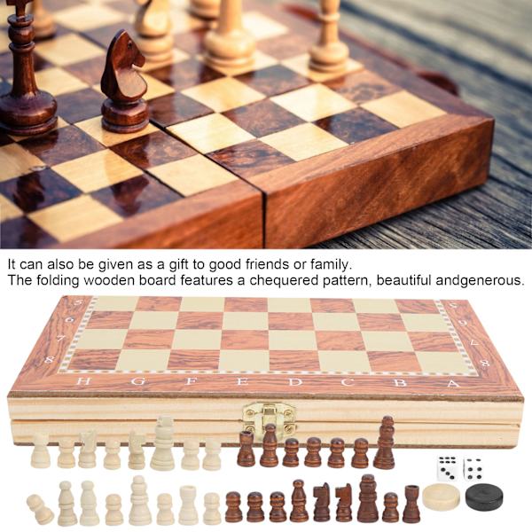 3 i 1 Fällbar Trä Schack Set Bräde Dam Backgammon Draughts Bordsspel Leksak