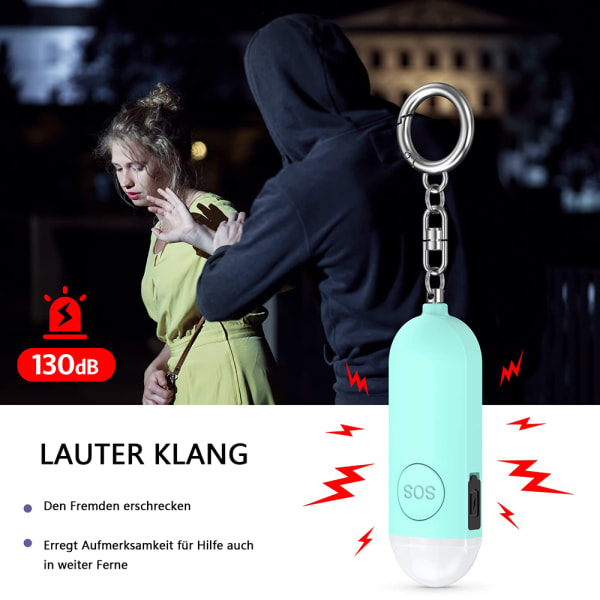 Ficklarm, Personligt larm med Strobe LED-blixtljussignal, 130dB Siren Shrill Alarm, USB uppladdningsbart larmnyckelring, Skrillalarm för