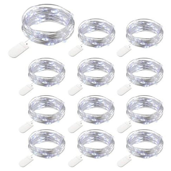 12-pack batteridrivna ljusslingor, 20 LED-lampor 2M koppar ljusslinga, IP65 vattentät silver kallvit tråd atmosfärsljus för juldekoration