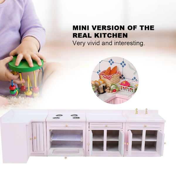 1:12 Miniatyrdockhus i trä Integrerat kök Möbler Miniatyrhantverk Hus Rosa Köksenhet