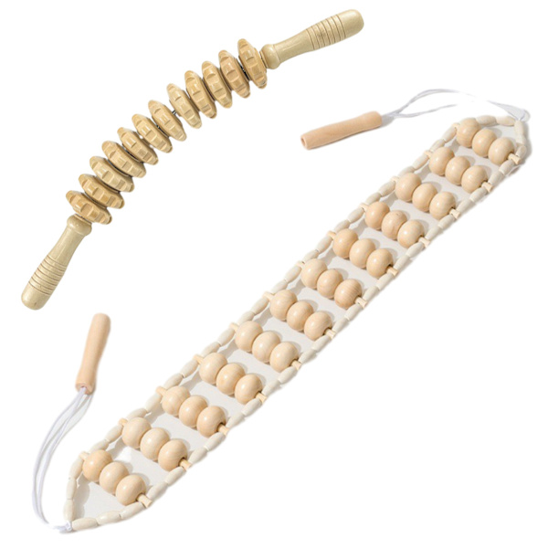 Trämassagesverktyg - 2 st trälymfdräneringsrullar och ryggmassageapparat, repmaderoterapi-kit för kroppsskulptering